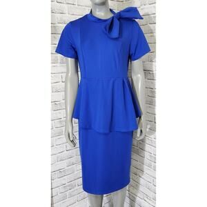 Peplum Bodycon Short Sleeve Bow Club Ruffle Pencil Dress Womens Size Large Blue